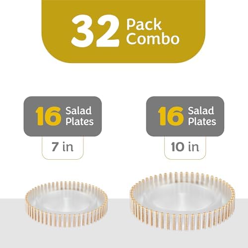 PLASTICPRO 32 Piece Combo Plastic Dinner Plates Disposable Plastic Fancy Heavy Duty Party Dishes 7 inch and 10 inch, Clear and Gold Beaded