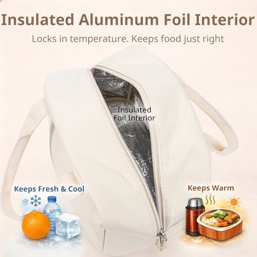 LOVELYWIND Lunch Box for Women, Insulated Lunch Bag, White Textured Tote
