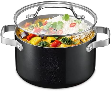 Bakken 5 Quart Ceramic Coated Stock Pot with Lid, Easy to Clean Nonstick Pot, Tempered Glass Lid, Riveted Stainless Steel Handles, Oven Safe Up To 500°F, PTFE & PFAS Free, All Stove Compatible, Black
