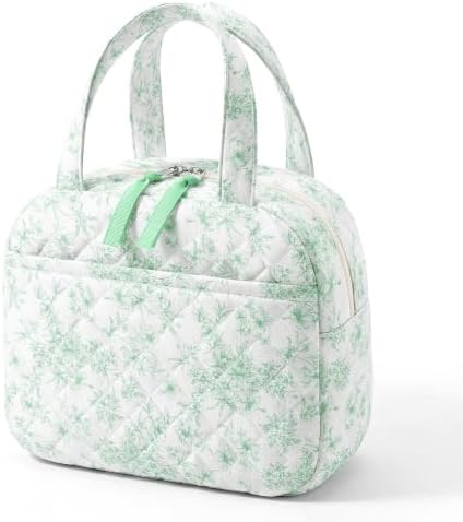 WOBAGMEN Quilted Lunch Box for Women,Coquette Aesthetic Lunch Box,Cute Elegant Green Floral Lunch Bags for Work,Office,Picnic,Travel(Elegant Green Floral)