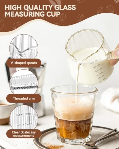 2 PCS Espresso Measuring Cup 6 Oz, Espresso Glass Cups with Glass Handle, Milk Frothing Cup, Espresso Cup for Coffee, Milk, Tea or Maple Syrup Serving (Pure Transparent Color)