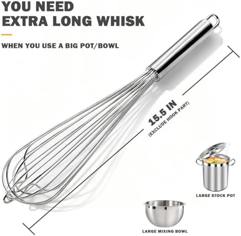 18/10 Stainless Steel Large Whisk, 15.5 inch Heavy Duty Long Whisk Suitable for Deep Pots or Big Bowl, Mixing, Beating, Blending