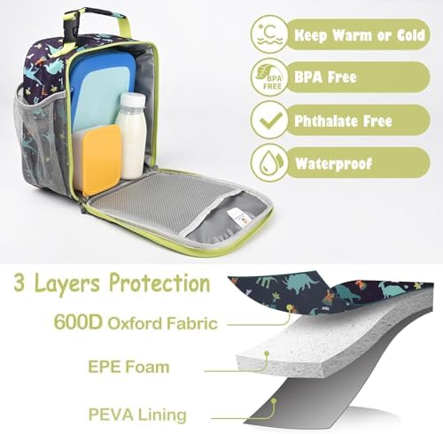 CaCTOUR Lunch Box Kids,Premium Insulated Lunch Bag for Girls Boys,Soft Bag Mini Cooler Back to School Thermal Reusable Lunch Bag for Work School Picnic (Dino)