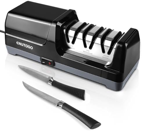 Enutogo Knife Sharpener, Professional 3-Stage Electric Knife Sharpener for Kitchen Knives, 100% Diamond Abrasive for 20° Precision Angle Guide, Quickly Sharpening and Polish Blades