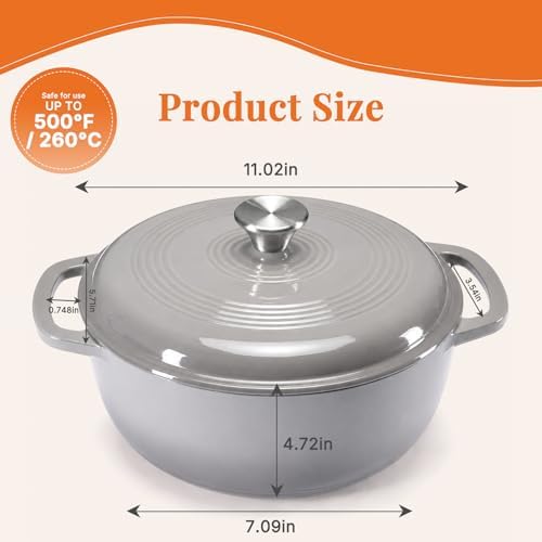NEWBULIG Cast Iron Dutch Oven, 6 Quart Enamel Dutch Oven Pot with Lid, Heavy Duty Cookware for Sourdough Bread, Braising, Stews, Roasting, Safe up to 500°F, Grey