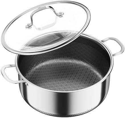 6 QT Stainless Steel Stock Pot with Lid, 10-inch Sauce Pan Induction Cookware, PFOA Free 5-Ply Simmer Pot with Non Stick Coating, Dual Ear Handles Cooking Pot Oven & Dishwasher Safe Easy to Clean