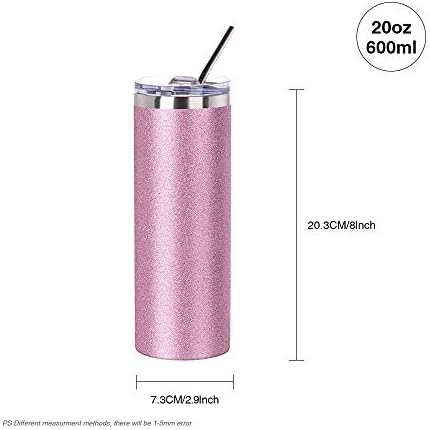 PYD Life 4 Pack Sublimation Tumblers Skinny 20 OZ Glitter Pink with Straw