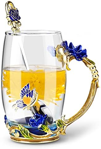 OEAGO Gifts for Mom Women Mothers Day Glass Coffee Enamels Mug Best Birthday Butterfly Rose Gifts for Her from Daughter Son Lead-Free Christmas Blue Tea Cup with Spoon Set
