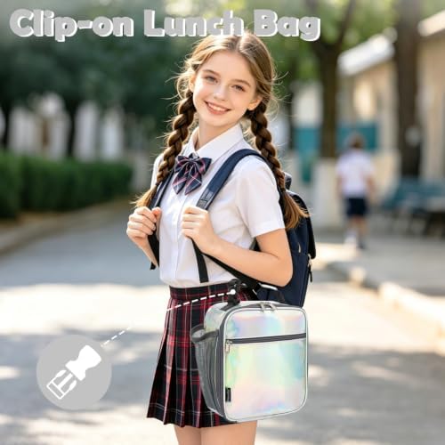 FlowFly Kids Lunch box Insulated Soft Bag Mini Cooler Back to School Thermal Meal Tote Kit for Girls, Boys(Holographic)