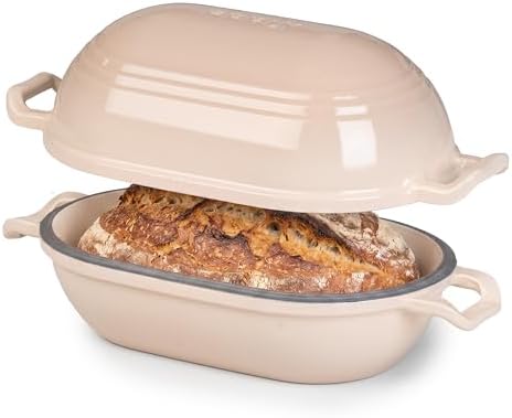 Enameled Cast Iron Dutch Oven for Sourdough Bread Baking,11 x 7 Inch Oval Cast Iron Bread Pan with Lid,Dutch Oven for Homemade Sourdough Baking,5 QT Meatloaf Pan,Oven Safe(Latte)
