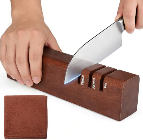 3-Stage Knife Sharpener, Carborundum+Ceramic+Tungsten Steel, 8.3"x1.6"x2" Professional Chef & Pocket Knife Sharpener with Premium Cleaning Cloth, Non-Slip Base, Universal for Kitchen/Outdoor Knives