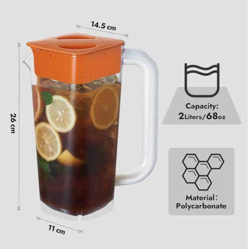 CURTA 1 Pack 2 Liters/68 oz Plastic Pitcher with Lid & Handle for Kitchen,ICED JUICE and Coffee Carafe Beverage Serveware, Acrylic Water Jug for Hot/Cold Drinks&lemonade
