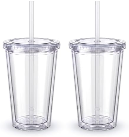 Zukro Clear Double Wall Plastic Tumbler with Lid and Straw 16 oz, 2 Pack
