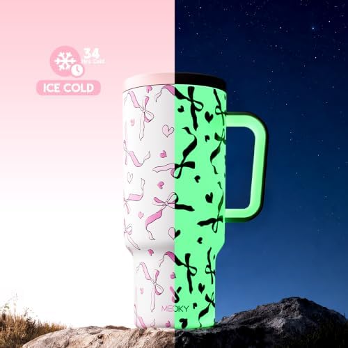 Meoky Glow in the Dark Tumbler: 40 oz Tumbler with Handle and Straw- Stainless Steel Insulated Tumbler for Car Cup Holders - Travelers Commuters Workers (1 Pack, Pink Bow)