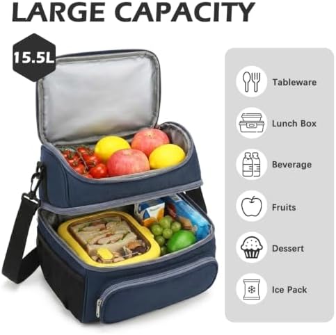 FlowFly Double Layer Cooler Insulated Lunch Bag Adult Lunch Box Large Tote Bag for Men, Women, With Adjustable Strap,Front Pocket and Dual Large Mesh Side Pockets