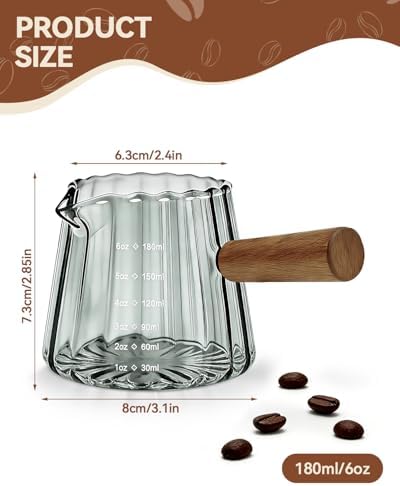 2 PCS Espresso Measuring Cup 6 Oz, Espresso Glass Cups with Wood Handle, Milk Frothing Cup, Espresso Cup for Coffee, Milk, Tea or Maple Syrup Serving (Grey)