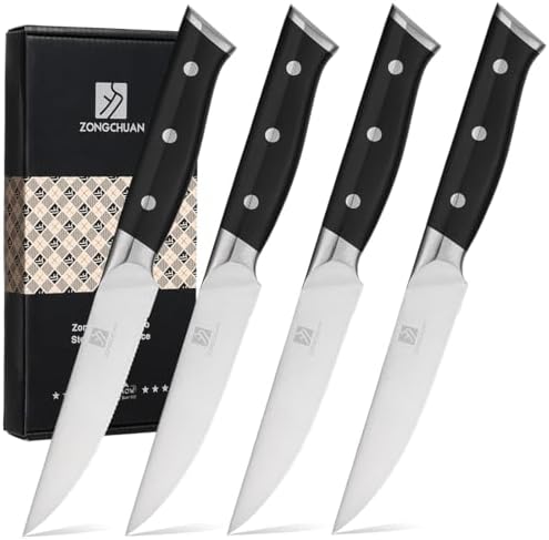 Medium Steak Knives Set of 4, 4.5 Inch High-Carbon Stainless Steel Serrated Steak Knife,Ergonomic Black Handles,Razor-Sharp, Dishwasher Safe, Rust-Resistant & Durable,Full Tang With Excellent Gift