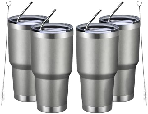 MEWAY 30oz Insulated Tumbler With Lids and Straws,Stainless Steel Double Vacuum Coffee Tumbler Cup, Brush, Durable Powder Coated Coffee Cup for Cold & Hot Drinks, Office, Travel(Cold Grey,4 PACK)