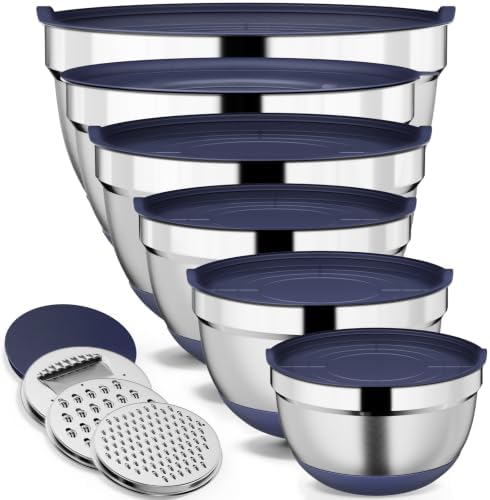 9 Pack Mixing Bowls with Airtight Lids & Grater Attachments, Navy