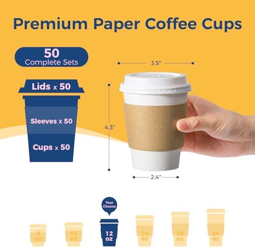 Fit Meal Prep 50 Pack 12 oz Disposable Coffee Cups with Lids, Sleeves, Leak-Proof To Go Coffee Cups with Lids, Durable Hot Paper Cups for Home, Office, Party, Business
