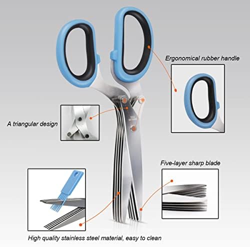5 Blade Herb Scissors Kitchen Herbs Shears Cutter Set Multipurpose Cutting Shear with 5 Stainless Steel Blades & Safety Cover & Cleaning Comb Salad Sizzors Cilantro Chive Parsley Scissors (Blue Black)