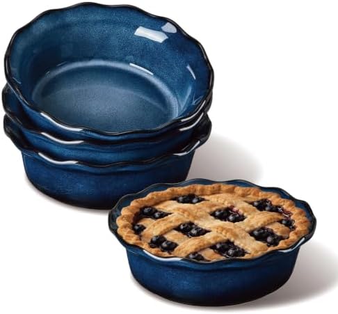ONEMORE 6 Inch Ceramic Mini Pie Pans Set of 4, Deep Dish Pie Plates with Fluted Edges, Blue Gradient Small Baking Dishes for Pot Pies, Quiche, Tarts and Individual Desserts, Oven Safe