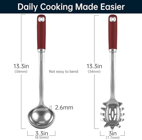 Safring Stainless Steel Soup Ladle and Spaghetti Spoon Set, Heat Resistant Rubber Handle, Dishwasher Safe, Kitchen Utensils for Cooking, Stirring, Serving Pasta, Soup & Sauce (Red)