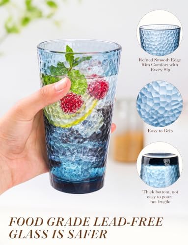 Amyoole Drinking Glasses Set of 8, 16oz Blue Hammered Glass Cup for Kitchen