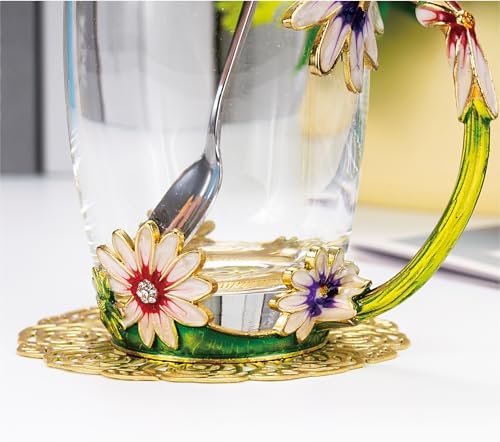 Flower Tea Cup ,Daisy Flower Clear Glass Fancy Coffee Mug with Spoon,Gift Box for Her Mom Wife Grandma Girls Friends Valentines Christmas Birthday Present Idea for Juice,Hot And Cold Drinks Use