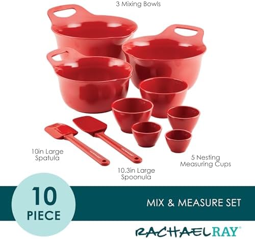 Rachael Ray Pantryware Nesting Mixing Bowls with Built-in spouts and Handles and Measuring Cups For Space-saving storage, Utensil Set, Dishwasher Safe, 10 Piece, Red
