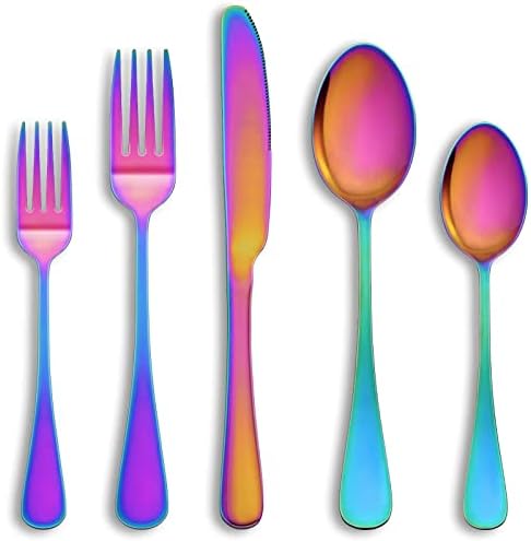 30 Pcs Rainbow Silverware Set Service for 6,Stainless Steel Flatware Serving Sets,Kitchen Tableware Set,Utensil Set for Home and Restaurant,Knives Forks Spoons Set,Mirror Polished,Dishwasher Safe