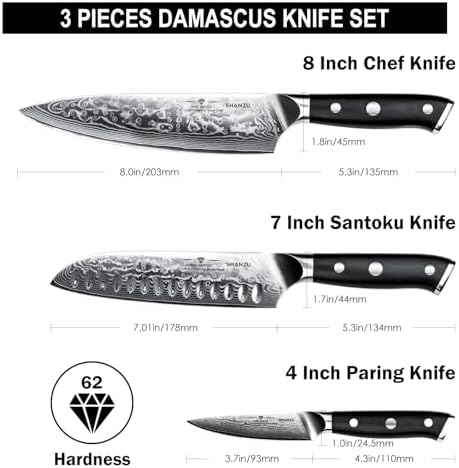 SHAN ZU Damascus Knife Set, Japanese Super Steel 3 PCS Damascus High Carbon Professional Ultra-Sharp Kitchen Chef Knife Set with G10 Handle Gift Box