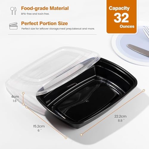Glotoch Meal Prep Containers 1-Compartment with Lids 300 Pack 32oz, Disposable Plastic Food Storage Containers, Takeout & Restaurant, BPA-Free, Stackable, Microwave/Freezer/Dishwasher Safe