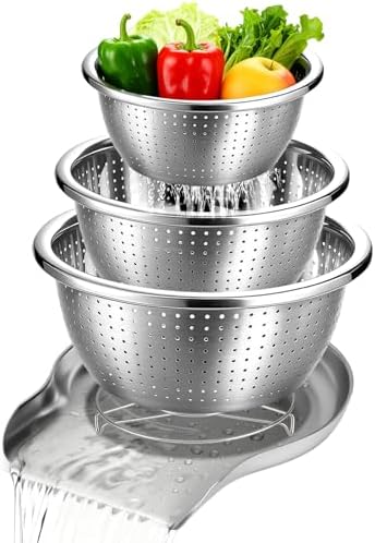 Palksky Stainless Steel Colander Set with Self-Draining Base, 3 Sizes Colanders & Food Strainers for Pasta, Rice, Fruits & Veggies, Metal Colander with Draining Plate for Sink or Countertop