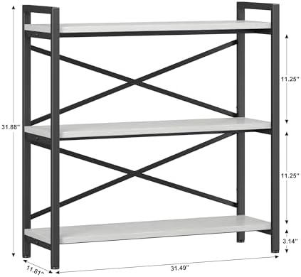 Homeiju 3 Tier Bookshelf 31.49" Width, Wood and Metal Etagere Bookcase, Vintage Farmhouse Modern Wooden Big Book Shelf for Home Living Room Bedroom Office Storage(White)