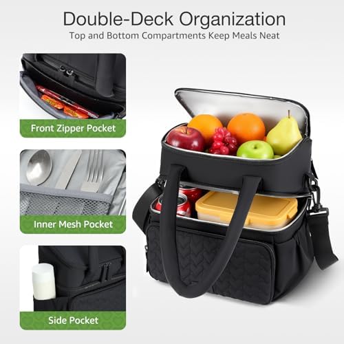 Double Deck Lunch Bag for Women, Black-L