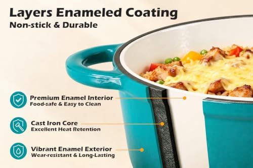 Leonyo 2-Quart Small Enameled Cast Iron Dutch Oven Pot with Lid, Lake Green