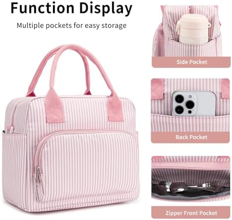 Lunch Bag Women Lunch Box for Women Adult Cute Insulated Lunch Bag Lager Cooler Lunch Tote Bags for Work Picnic (Pink Stripes)