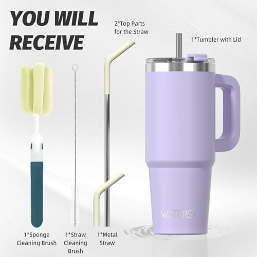 30 oz Tumbler with Handle,Tumbler with Lid and Straw,Double Wall Insulated Cup Stainless Steel Travel Mug(Cold for 34 Hours),Water Bottle for Iced Tea,Coffee,Cold Beverages(Purple)