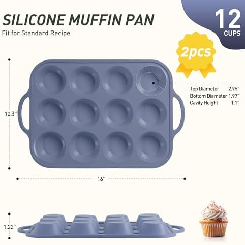 2 Packs 12 Cups Silicone Muffin Pan with Metal Reinforced Frame Regular Size Cupcake Pan Tray Egg Bites Silicone Circle Cookie Molds Muffin Tin Tart Pans Baking Sheet Set for Breakfast Sandwiches