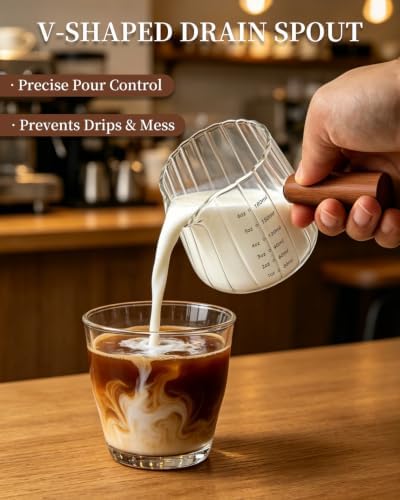 2 PCS Espresso Measuring Cup 6 Oz, Espresso Glass Cups with Wood Handle, Milk Frothing Cup, Espresso Cup for Coffee, Milk, Tea or Maple Syrup Serving