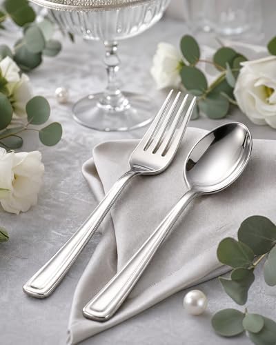 BUCLA 200 Pieces Silver Plastic Silverware - Heavy Duty Disposable Cutlery set - 100 Silver Plastic Forks, 100 Disposable Spoons for Catering, Parties, Dinners, Weddings and Christmas