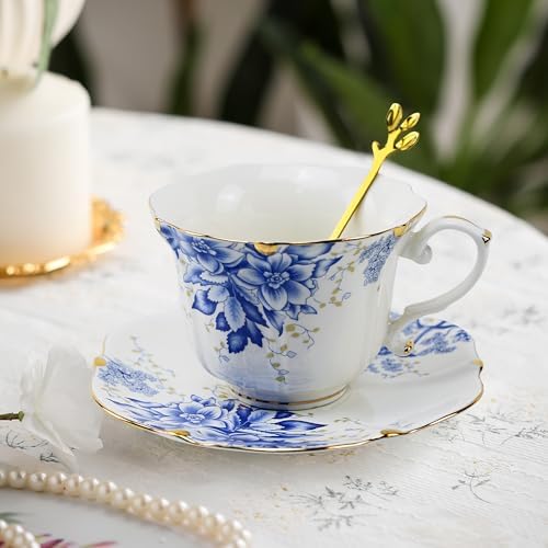 Country Roses Porcelain Tea Cup and Saucer Set with Gold Trim, Vintage Style, For Women and Tea Parties (1, Blue)