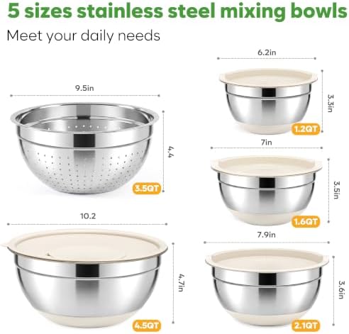 Fire More Mixing Bowls with Airtight Lids Set, Stainless Steel Salad Bowls with Non-Slip Silicone Bottoms, 8PCS Nesting Kitchen Bowls with Colander,Grater Attachments, for Mixing Cooking Prep