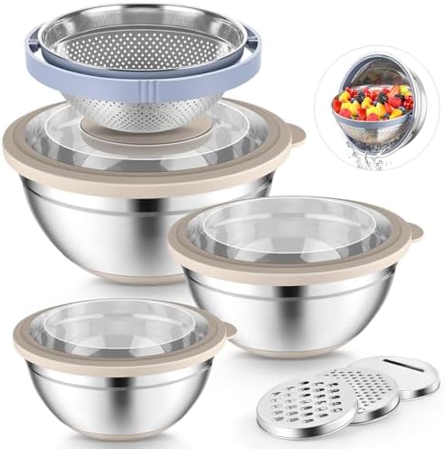 P&P CHEF Mixing Bowls with Lids, Metal Mixing Bowl with Colander, Khaki