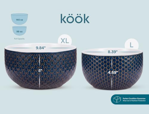 KooK Ceramic Nesting Bowls, Embossed, Oven Safe, Set of 4, Midnight Blue