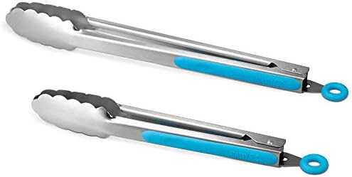 Premium 304 Stainless Steel Tongs Set – 12" Grill Tongs & 9" Cooking Tongs, Heat Resistant up to 600°F, Wavy Grip Head, Non‑Slip Handle with Locking Clip & Hanging Loop, Dishwasher Safe, Blue