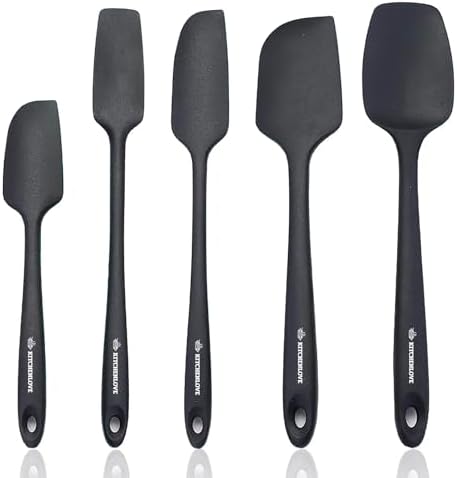 KITCHENLOVE Premium 600°F Heat Resistant 5 Piece Silicone Spatula Set for Baking, Cooking, Mixing - Non-Stick with High Grade S-Iron Steel Core - One Piece Seamless Design - BPA Free (Black)