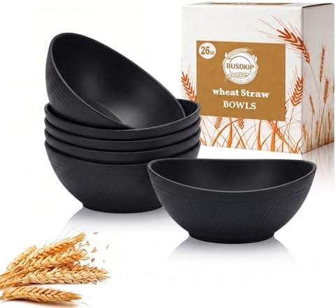 Cereal Bowls Sets of 6, Unbreakable & Lightweight Wheat Straw Bowls 26oz, Alternative to Plastic Bowl for Soup, Fruit, Salad, Microwavable Bowl for Kitchen, Camping, RV, Party - Black