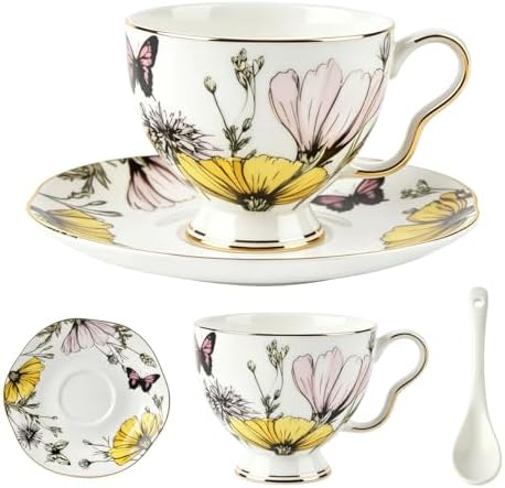 Butterfly Tea Cup and Saucer Set with Spoon, Gold Trim, 6.76 oz